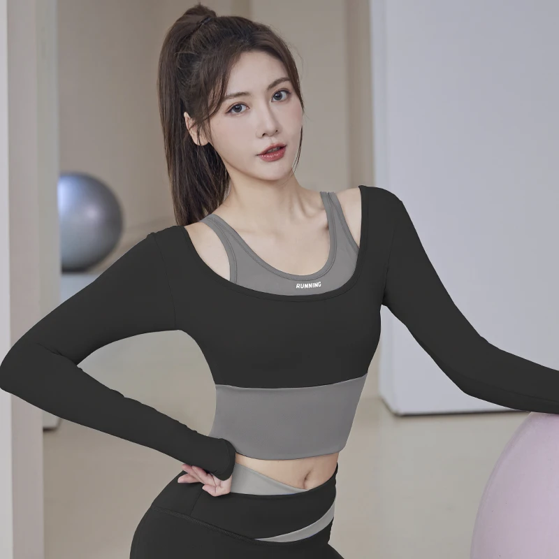 瑜伽服女秋季新款带固定胸垫跑步速干紧身运动上衣长袖健身服