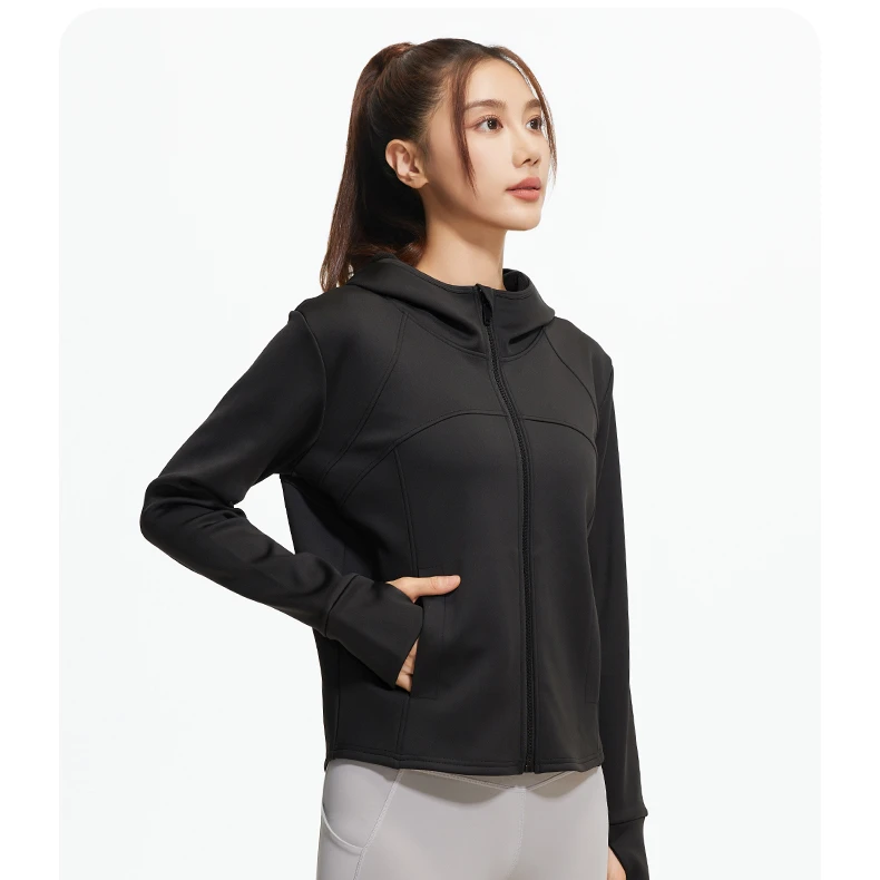 新款户外运动休闲加绒外套显瘦瑜伽带帽长袖百搭透气高弹外套.WY