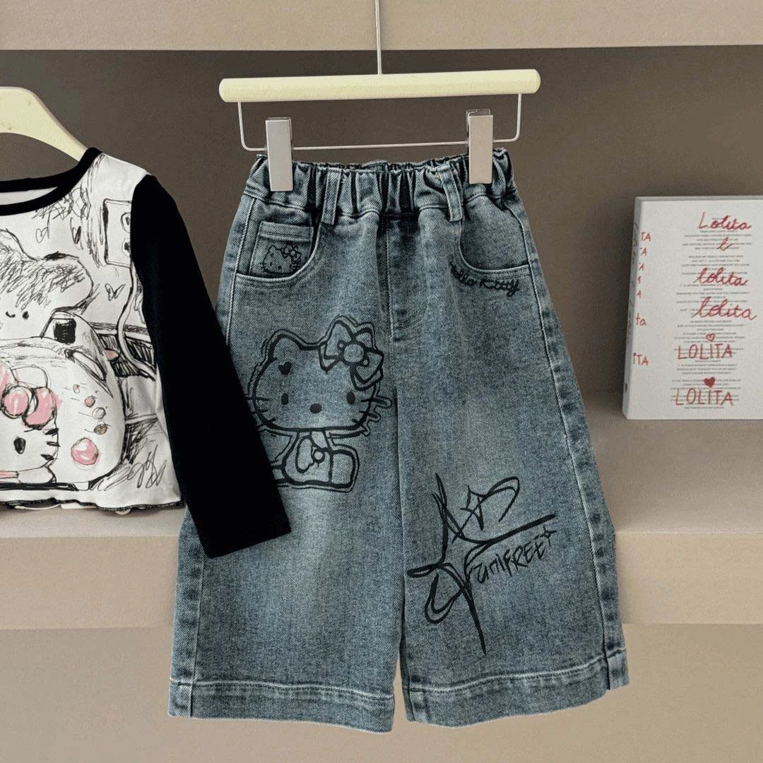 2025秋季新款女童牛仔裤韩版洋气宽松裤子儿童春季卡通牛仔阔腿裤