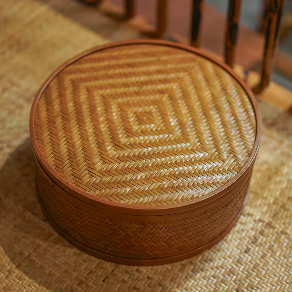 竹编圆形带盖茶具收纳筐茶饼盒