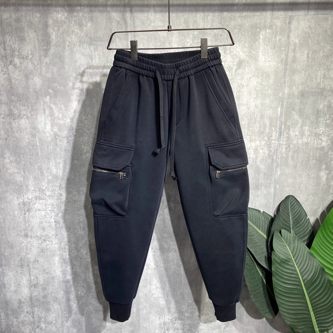 冬季加绒保暖工装休闲裤男黑色潮牌宽松百搭拉链松紧束脚哈伦卫裤
