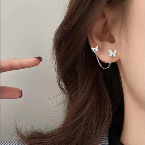 铜合金耳饰 韩国气质简约蝴蝶耳钉女网红款一体式耳环双耳洞耳坠