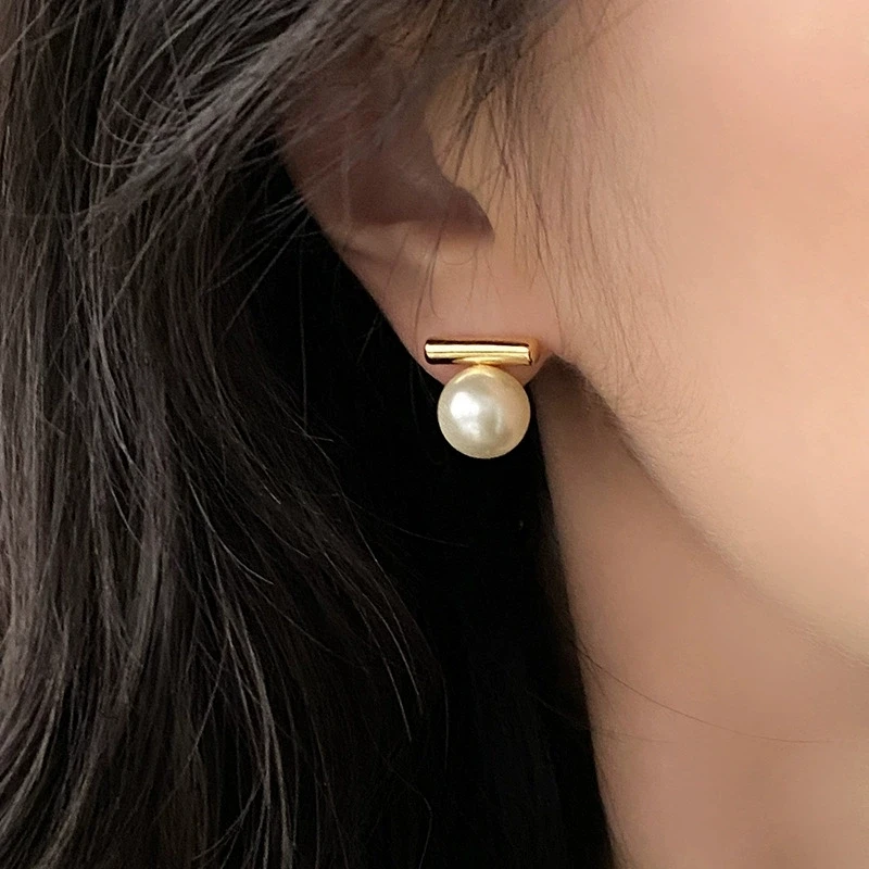 铜合金仿珍珠耳饰 一字珍珠耳饰女银针小众设计感高气质耳钉耳环