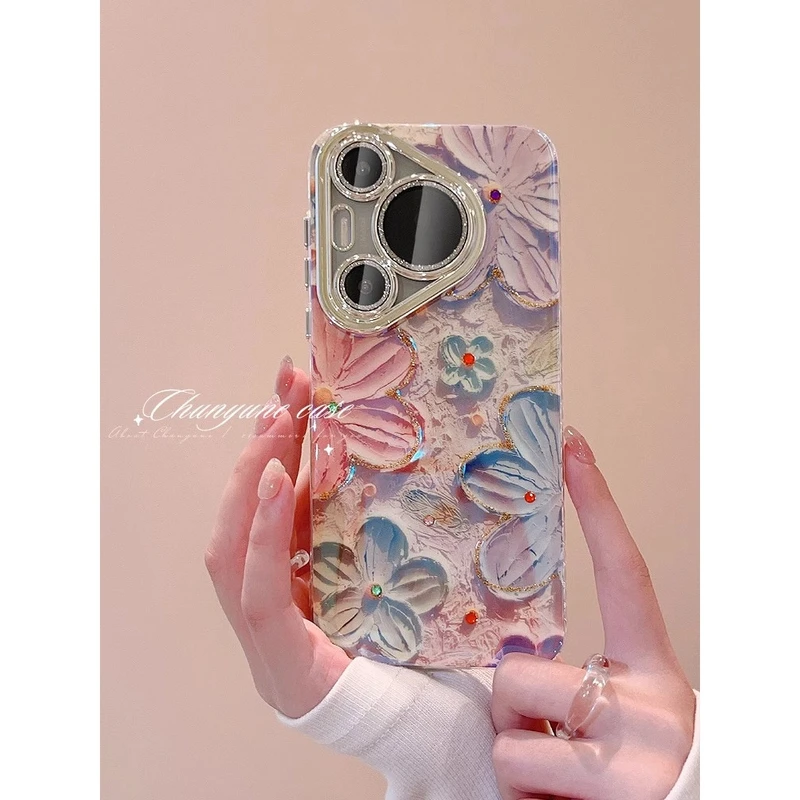 轻奢闪粉镜头全包适用华为pura70pro手机壳防摔70立体油画花朵硬