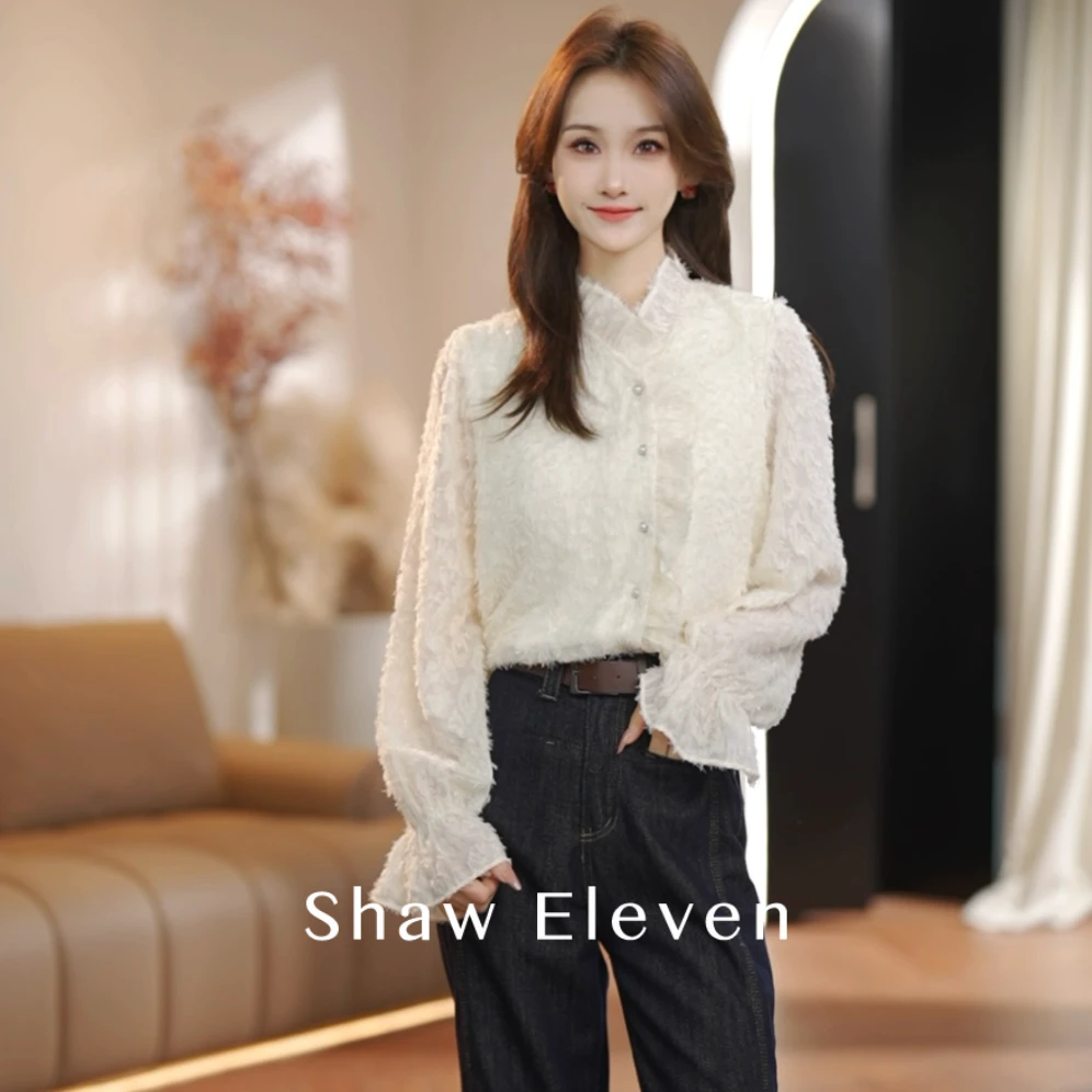 小羽毛【Shaw Eleven】2024气质时尚长袖加绒版蕾丝衬衫88105-1