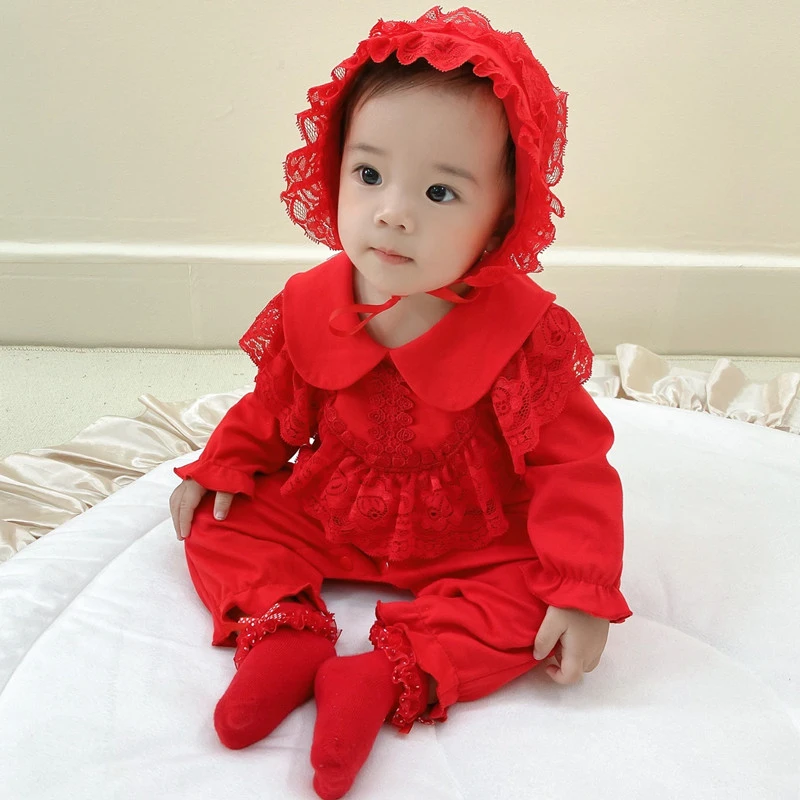 婴儿宝宝连体衣百天红色满月公主春秋新生儿喜庆爬服周岁礼服哈衣
