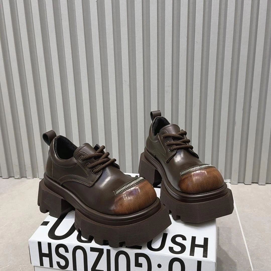 娜娜欧货2025春季新款擦色系带低帮鞋圆头休闲百搭松糕厚底乐福鞋