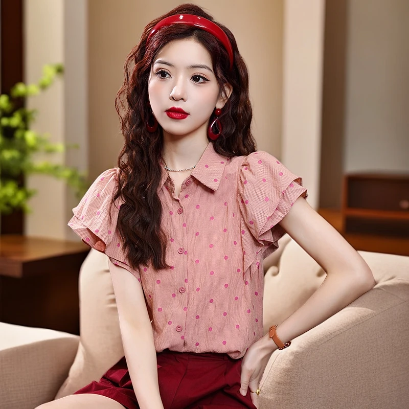 港风复古粉色波点衬衫时尚新款女装夏款衬衣别致绝美小飞袖上衣