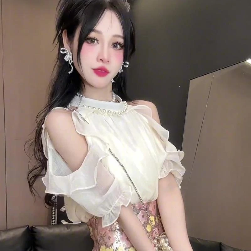 法式重工钉珠圆领露肩衬衣女夏季新款温柔风气质显瘦别致衬衫上衣