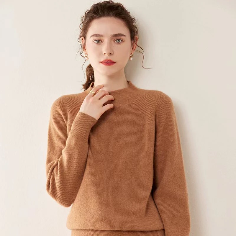 元宝针半高领插肩打底套头长袖保暖时尚百搭羊绒针织衫