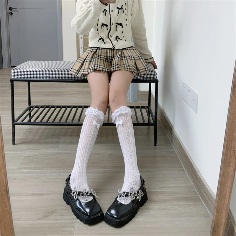 法式温柔蝴蝶结蕾丝小腿袜复古镂空Lolita软妹花边袜黑白少女