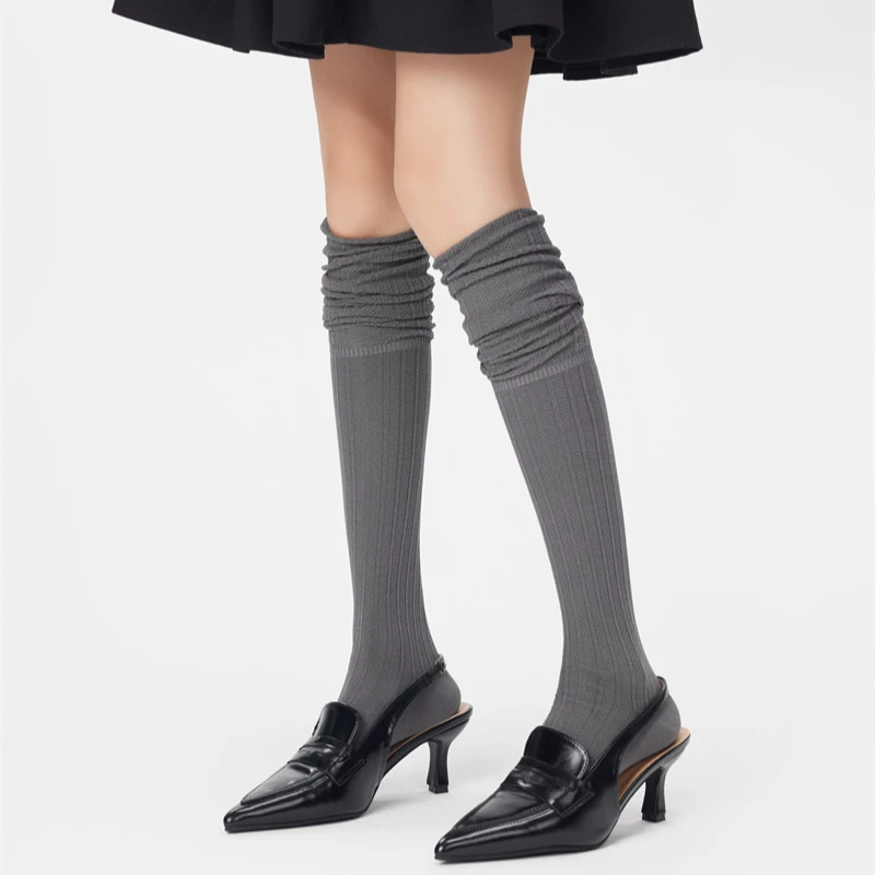 辰柚灰色过膝袜薄款网眼镂空堆堆长筒袜jk少女学院风基础款长筒
