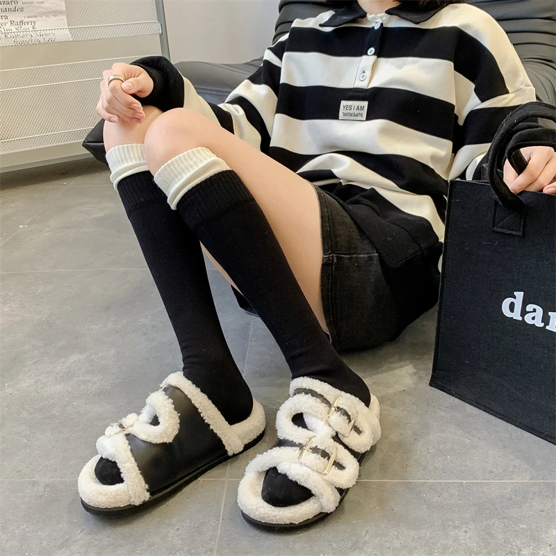 拼色双层罗口拼接小腿袜秋冬加厚棉质白色堆堆袜少女撞色走秀款