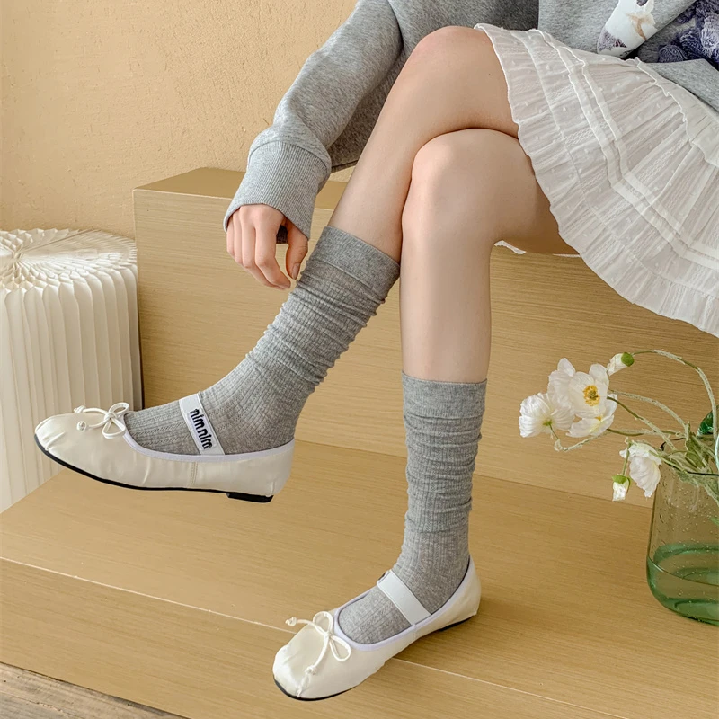 浅灰色芭蕾风堆堆小腿袜薄款棉袜半透竖条纹日系中筒jk少女