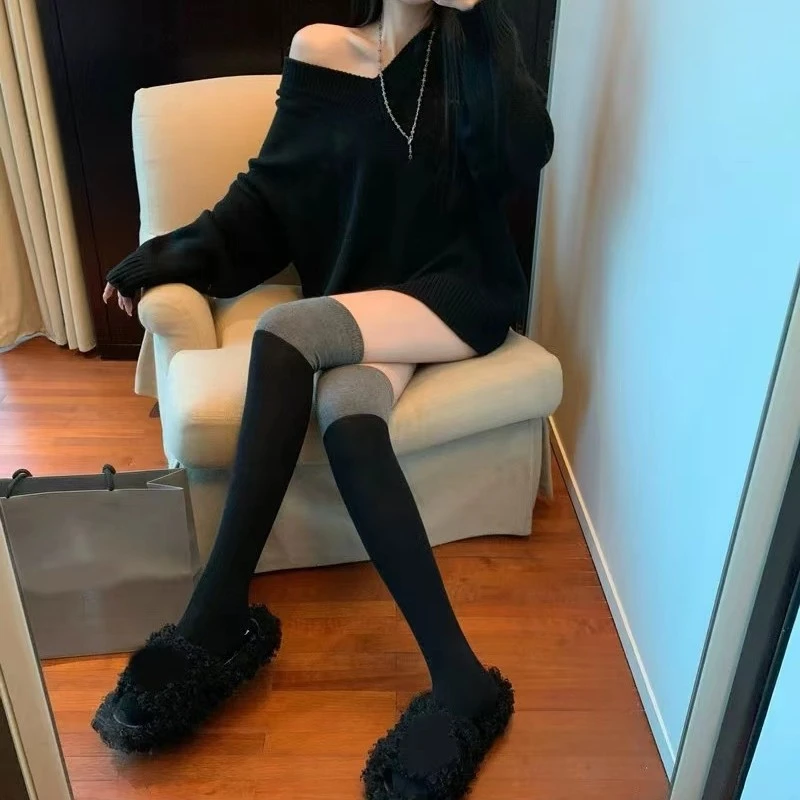 棉质黑拼灰色小腿袜jk少女显瘦过膝袜保暖大腿袜撞色高筒