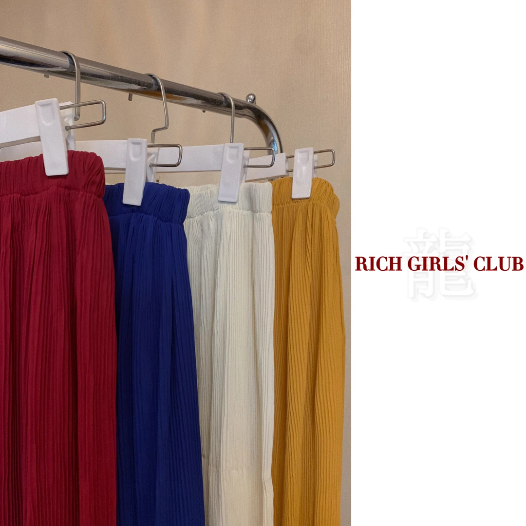 RICH GIRLS |【裤长88cm】雪纺压褶懒人裤 弹力腰阔腿裤