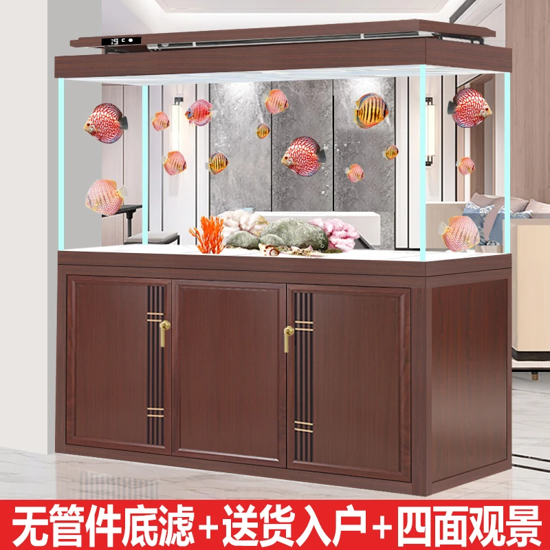 江彩客厅大型卓缸内无管件底滤宁鱼缸无管道静音屏风隔断鱼缸定制