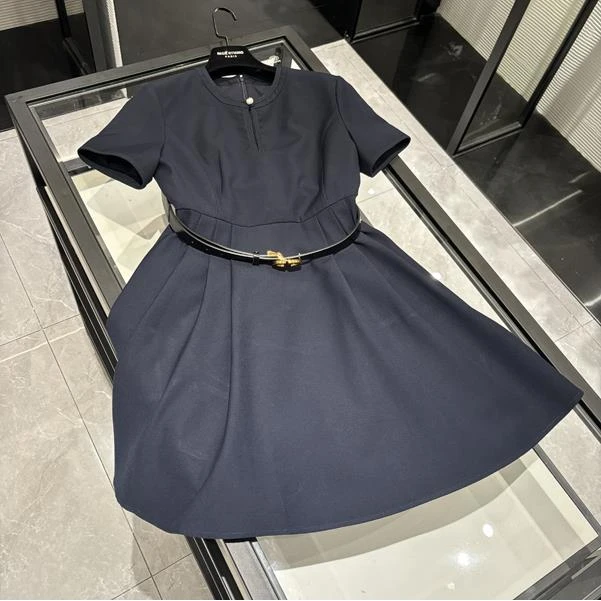2024新品圆领蓝色连衣裙压褶收腰腰带显瘦A字裙H044