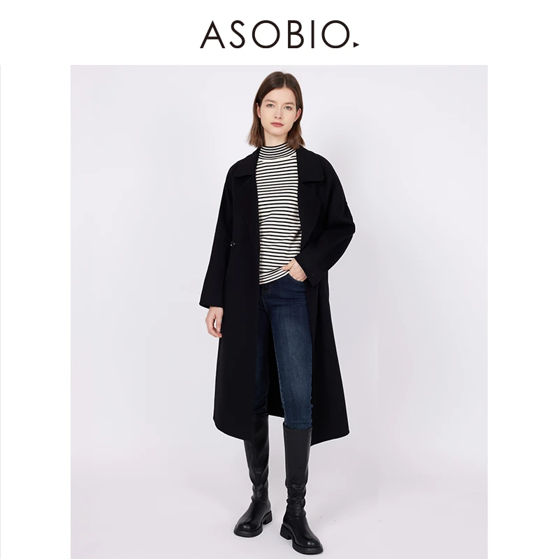 ASOBIO【含羊毛】澳洲绵羊毛长款无缝大衣简约大气黑色外套218