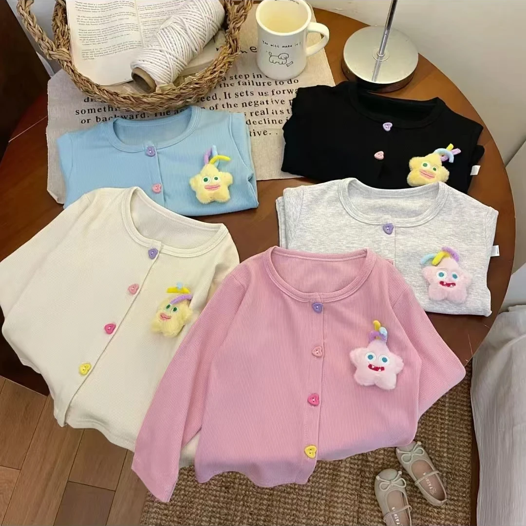 【立体玩偶】女童百搭秋季开衫女宝糖果色洋气春秋彩扣外套打底长袖