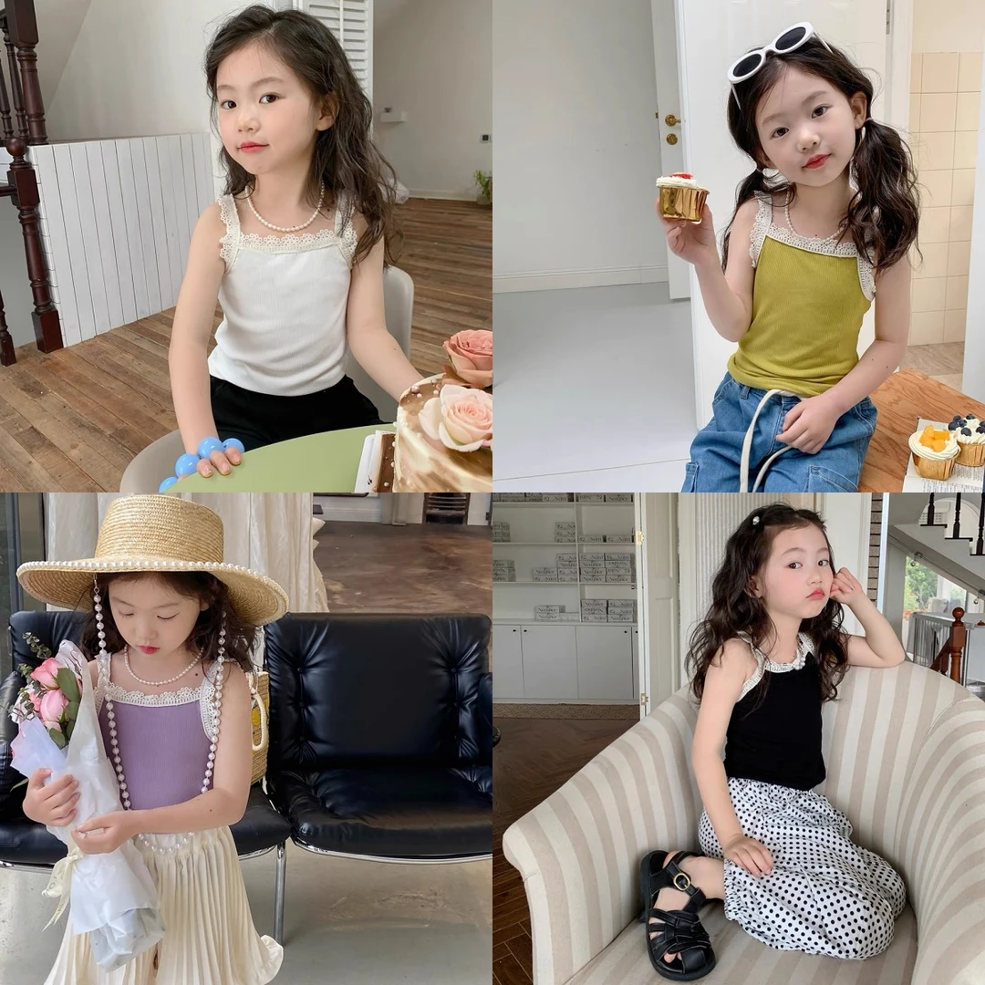 2024儿童背心女童蕾丝花边吊带宝宝新款夏季洋气百搭上衣纯色