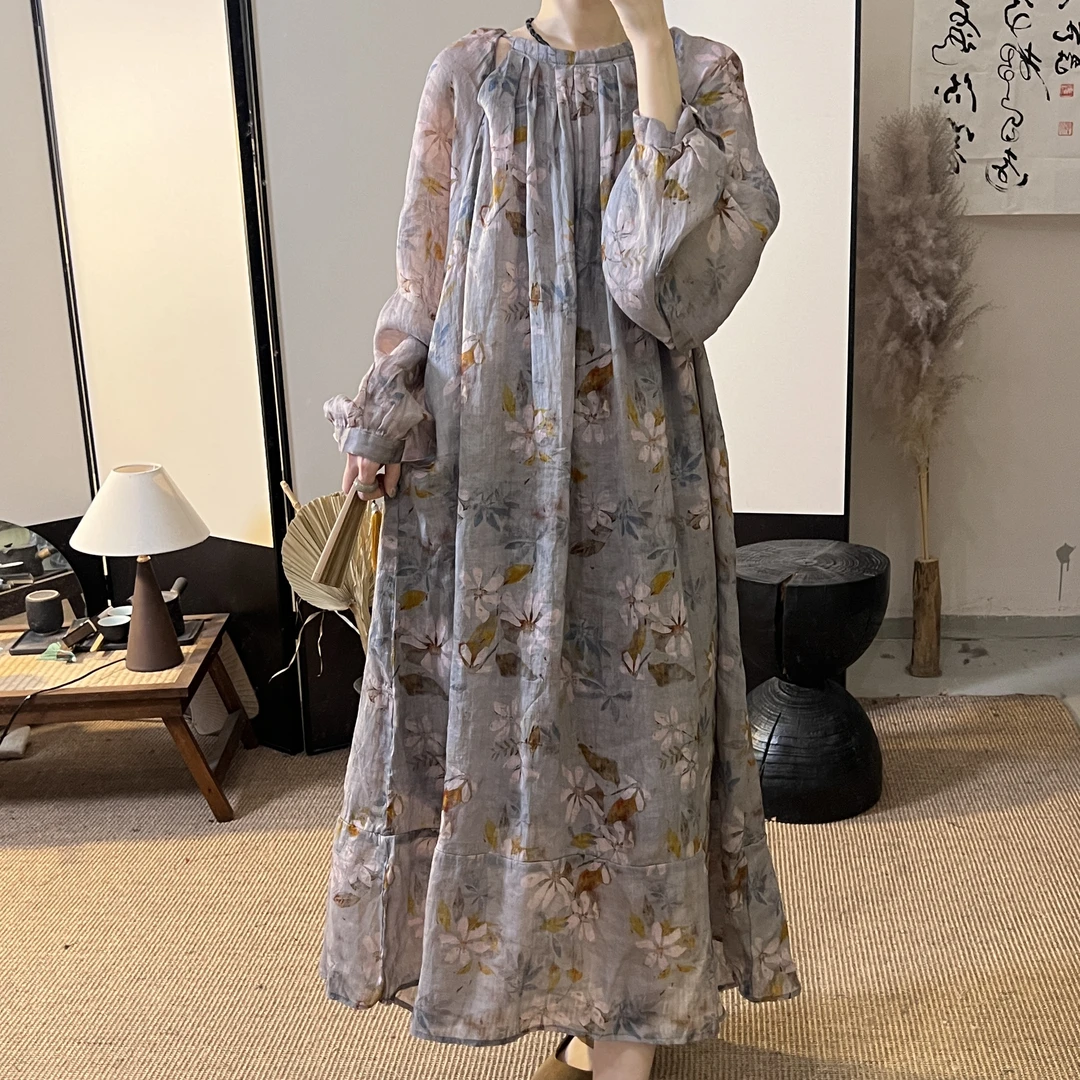 半自由休闲高级感连衣裙夏季苎麻长袖高级感袖口小众原创连衣裙