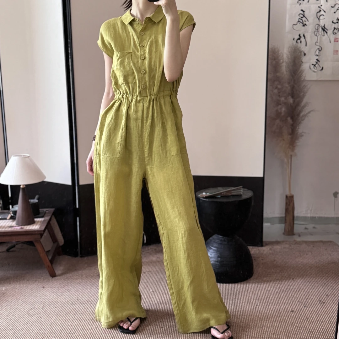 半自由夏季新款苎麻时尚短袖翻领一体衣宽松显瘦松紧腰连体裤女