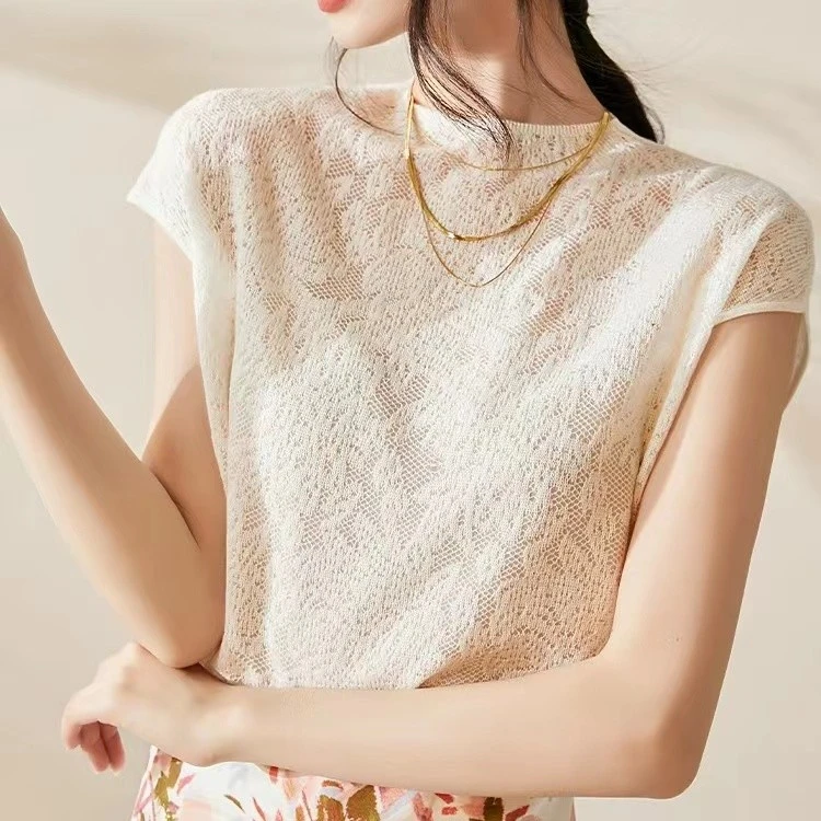 水溶羊小飞袖勾花包肩袖针织女内搭背心打底衫立领上衣短袖