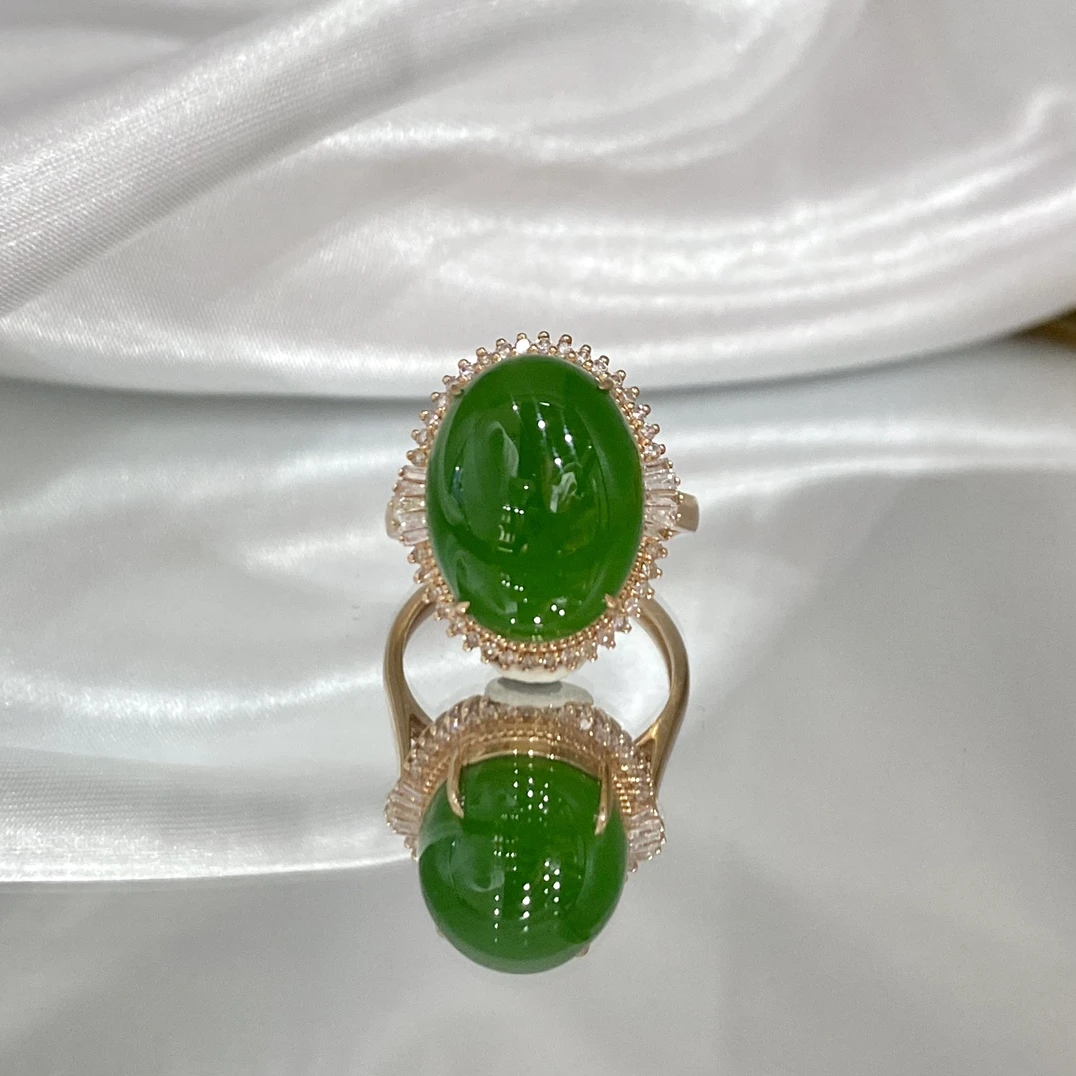 碧玉12*16蛋面戒指女款18k金镶嵌南非钻玉石指环时尚戒送女友