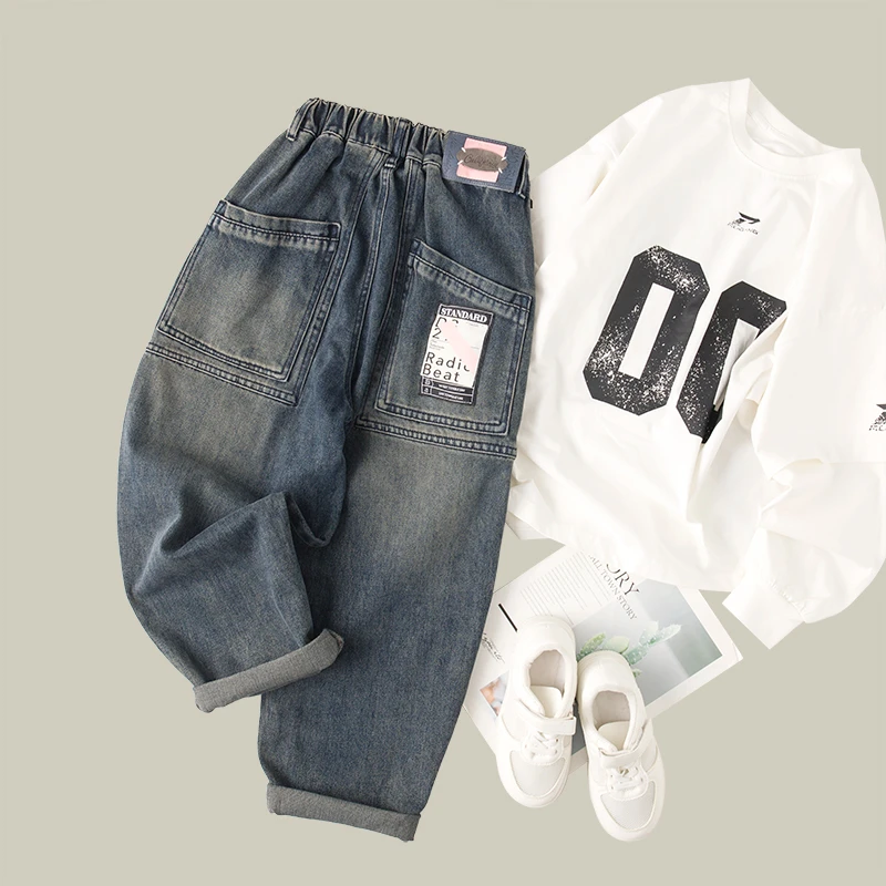 吴小越w672男童牛仔大口袋裤痞帅男孩秋装新款长裤春秋款大童宽松