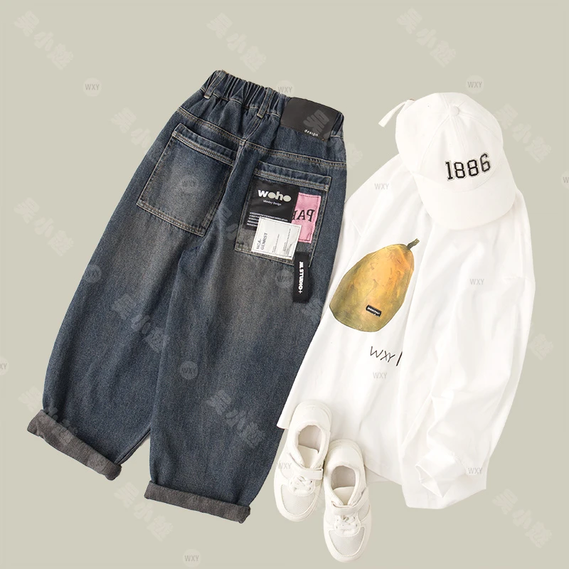 吴小越w656男童牛仔裤贴标痞帅男孩秋装新款长裤春秋款大童