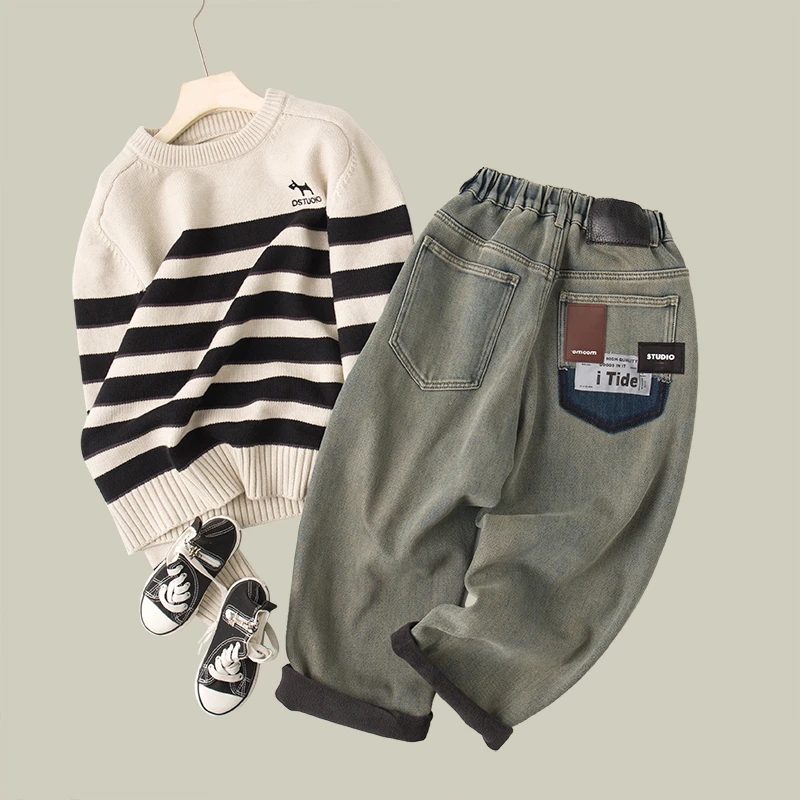 吴小越w784男童牛仔裤加绒贴标韩版痞帅男孩秋冬新款韩版长裤