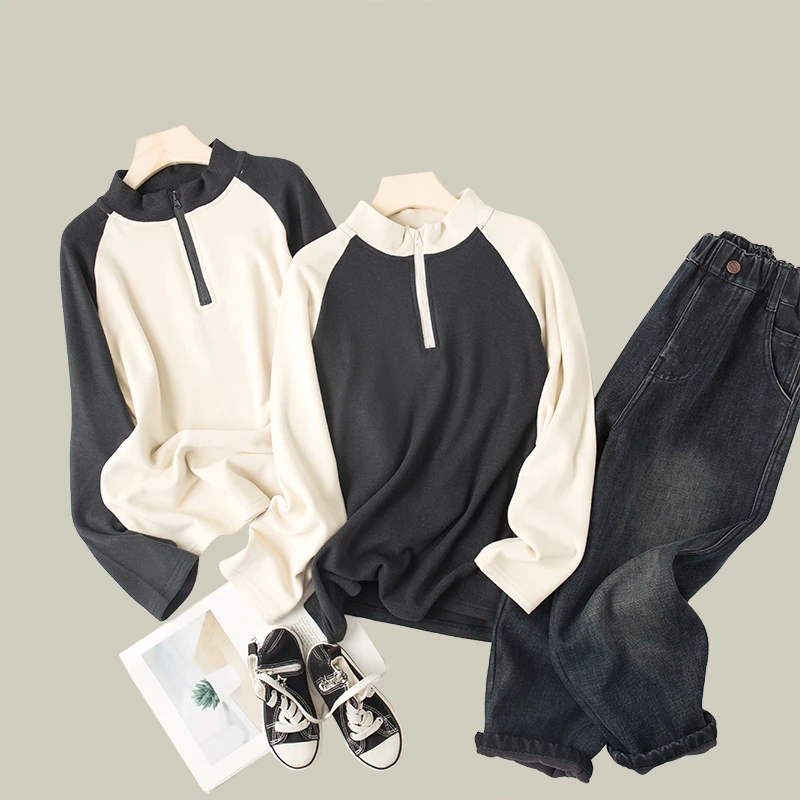 吴小越w827男童秋冬拼接套头双面绒韩版t恤长袖中大童儿童打底衫