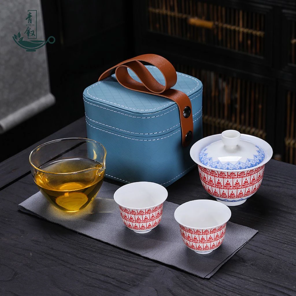 羊脂玉陶瓷旅行茶具创意敦煌手绘快客杯便携式功夫茶具旅行小套装