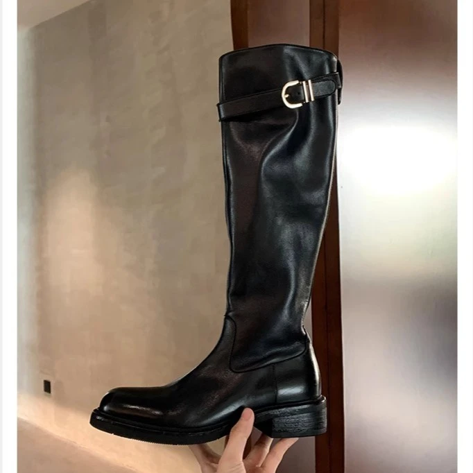 真皮版~圆头粗跟厚底长筒骑士靴不过膝高筒靴瘦瘦靴