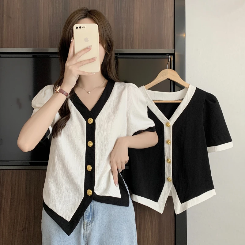 大码女装小香风泡泡袖衬衫女短袖简约衬衣上衣显瘦优质袖长弹力