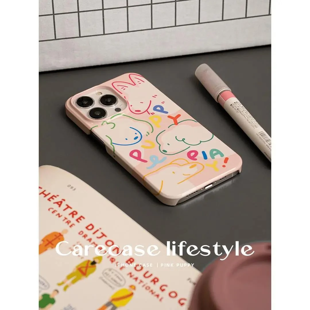 靓壳CARECASE粉色彩边狗狗菲林壳适用苹果12手机壳iphone13promax