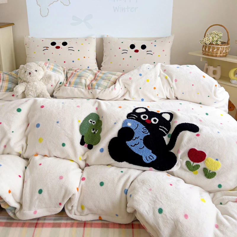 新款冬季高克重牛奶绒四件套卡通可爱风加绒加厚保暖防静电可机洗
