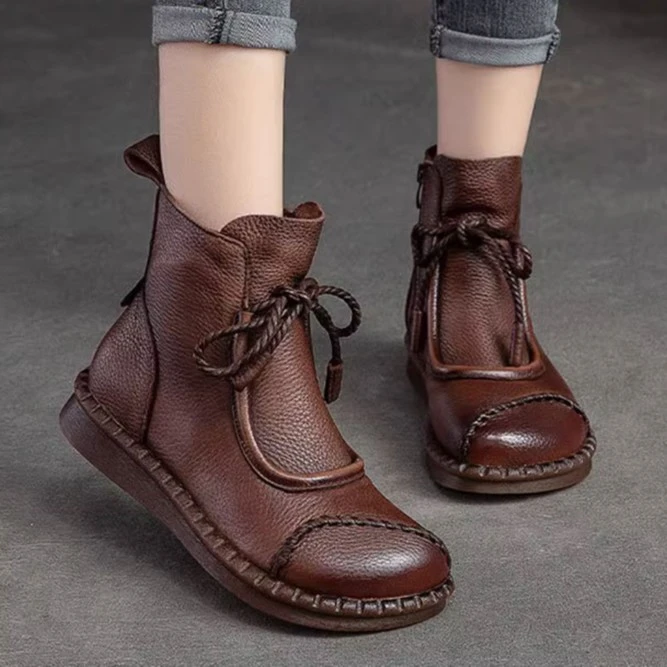 牛筋底短靴女春秋复古风时尚百搭马丁靴软底软面舒适圆头妈妈鞋子