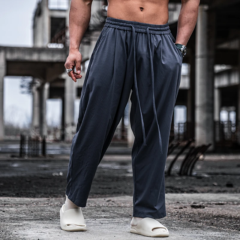 MUSCLEFAITH条纹纯色运动长裤男宽松简约百搭休闲健身直筒九分裤