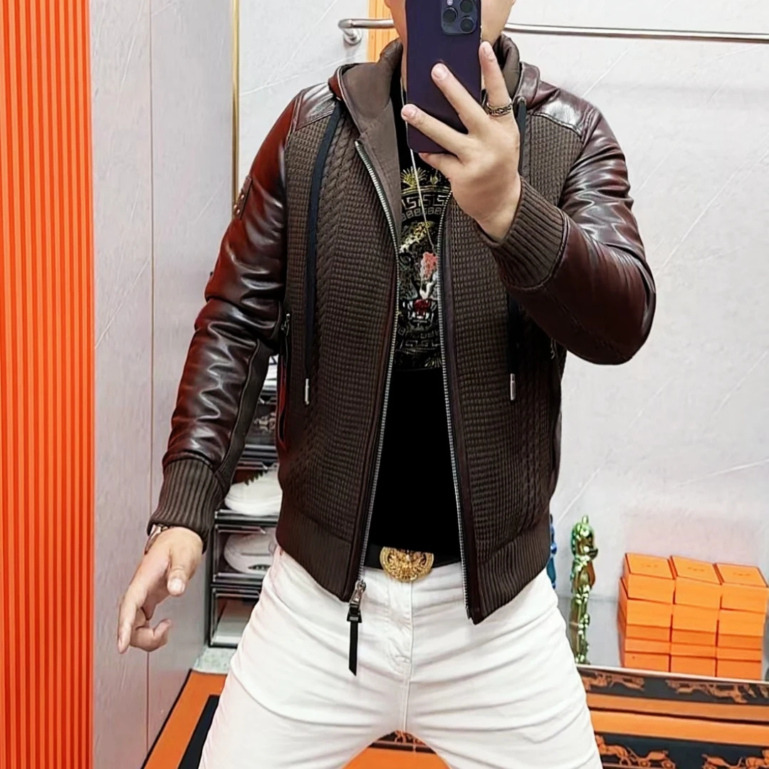 阿伟家秋冬季新款男士连帽外套时尚潮流高品质针织拼条夹克外套