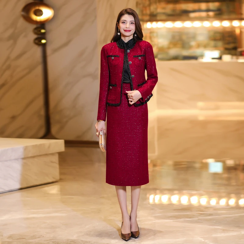 红色小香风套装女秋季2025新款法式时尚气质显瘦两件套修身裙装