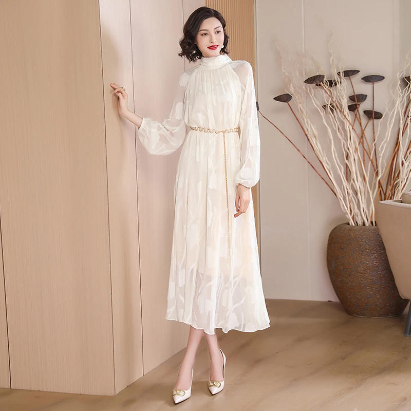 连衣裙女202025秋季气质时尚减龄蕾丝提花显瘦大摆春季连衣裙子