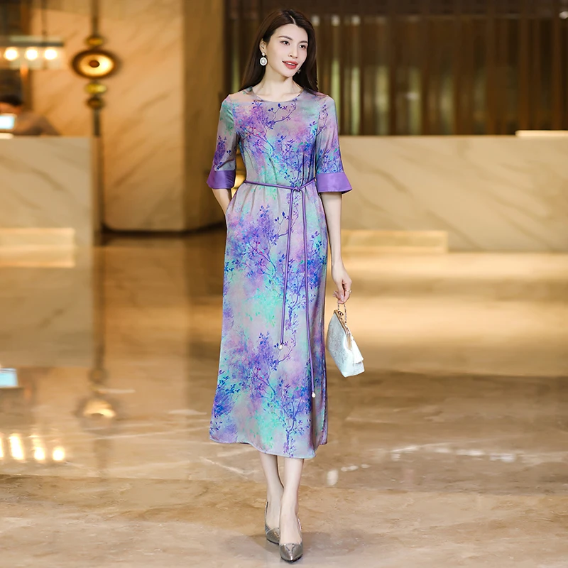 新中式国风连衣裙2024夏长款修身高级感女装气质长裙印花裙子