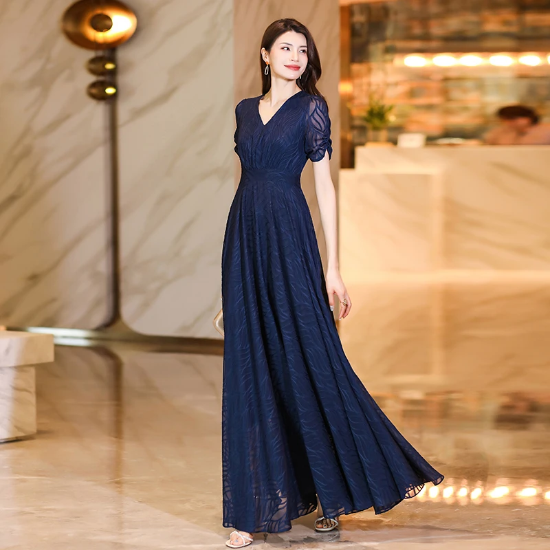 藏蓝色女装连衣裙女高端气质显瘦夏新款雪纺超长到脚踝大摆裙