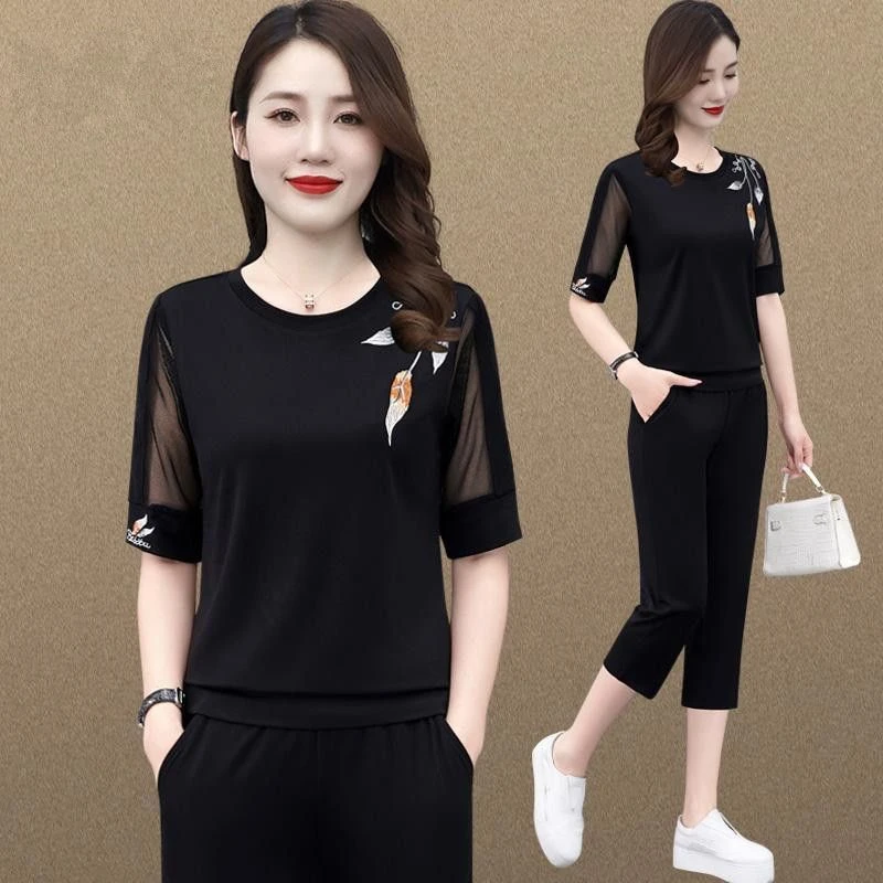 冰丝薄纱夏装运动套装女2025年新款洋气时尚妈妈装短袖休闲两件套