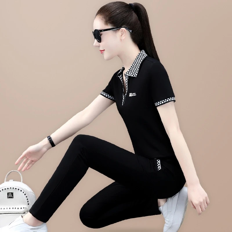 洋气翻领运动服套装女夏季2025新款时尚显瘦女装薄款休闲两件套女