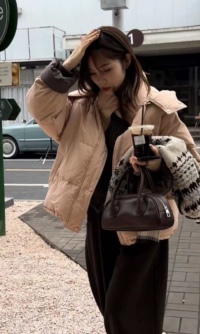 【丽鑫】糖果色翻边袖口连帽撞色羽绒服翻