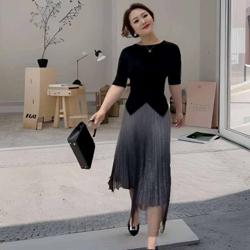 夏季时尚套装气质韩版渐变百褶拼接网纱休闲半身裙黑上衣两件套