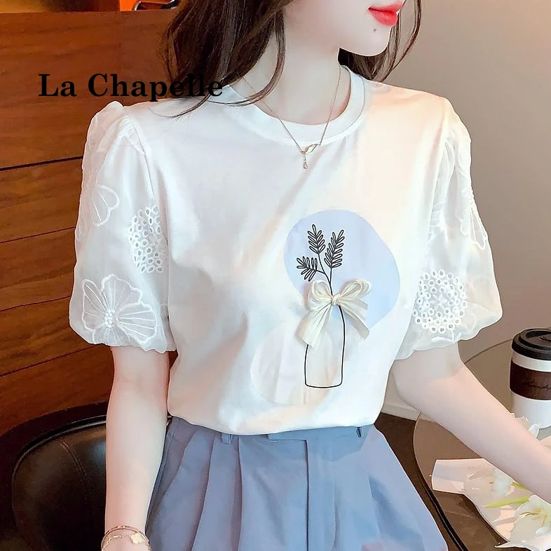 拉夏贝尔蕾丝泡泡袖T恤女夏季新款时尚短袖印花上衣减龄洋气小衫